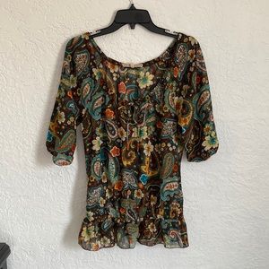 Almost Famous Boho Paisley Sheer Peplum Top Blouse Size L - Brown Teal Artsy